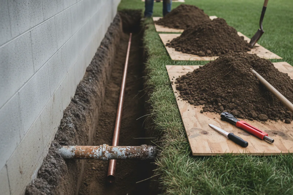 Excavated water line trench during Water Softener Installation in Prosser